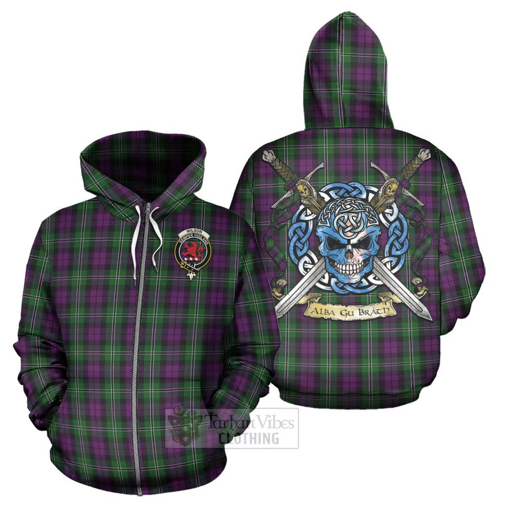 Tartan Vibes Clothing Wilson Tartan Hoodie with Family Crest Celtic Skull Style