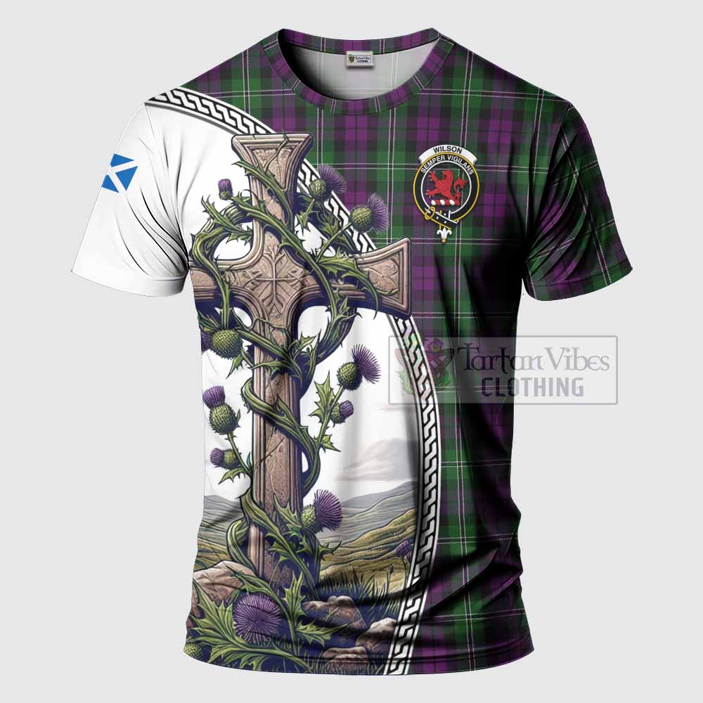 Tartan Vibes Clothing Wilson Agnew Tartan T-Shirt with Family Crest and St. Andrew's Cross Accented by Thistle Vines