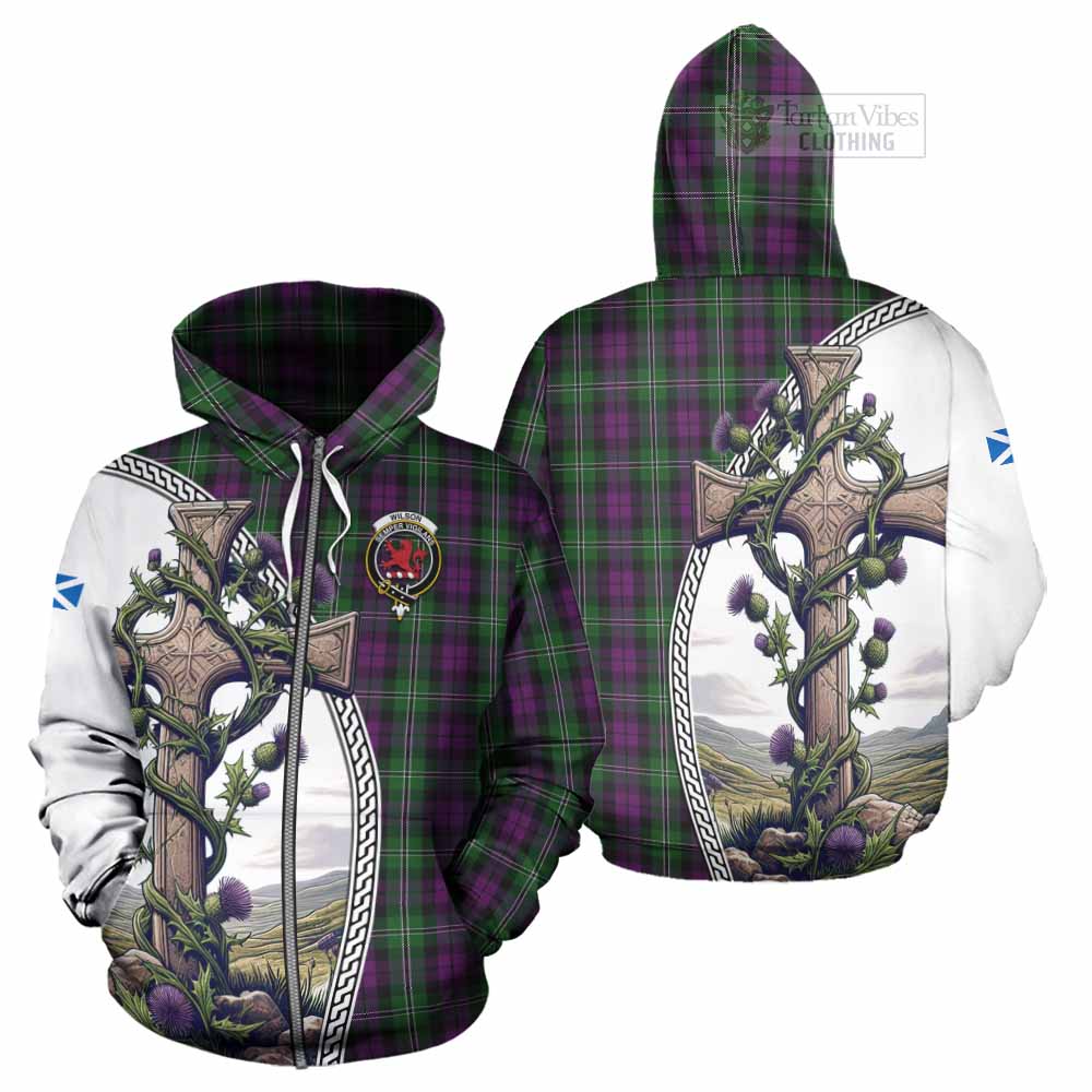 Tartan Vibes Clothing Wilson Tartan Hoodie with Family Crest and St. Andrew's Cross Accented by Thistle Vines