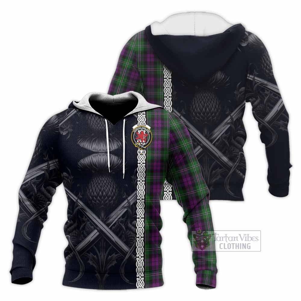 Wilson Tartan Knitted Hoodie with Family Crest Cross Sword Thistle Celtic Vibes - Tartan Vibes Clothing
