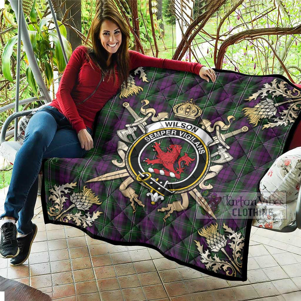 Tartan Vibes Clothing Wilson Tartan Quilt with Family Crest and Scottish Golden Courage Shield