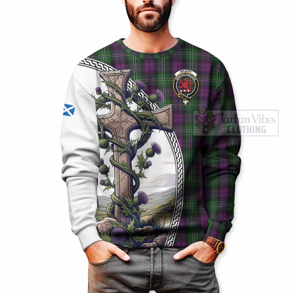 Tartan Vibes Clothing Wilson Tartan Sweatshirt with Family Crest and St. Andrew's Cross Accented by Thistle Vines