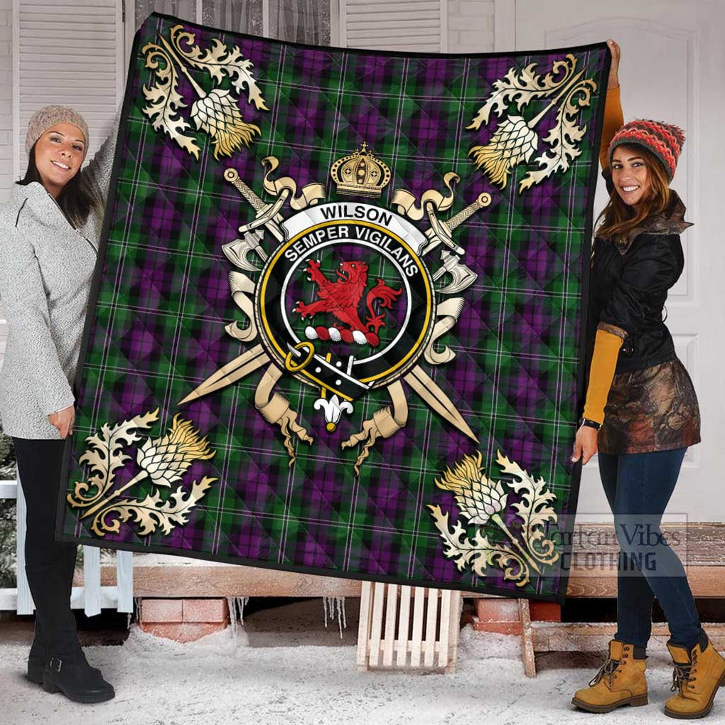 Tartan Vibes Clothing Wilson Tartan Quilt with Family Crest and Scottish Golden Courage Shield