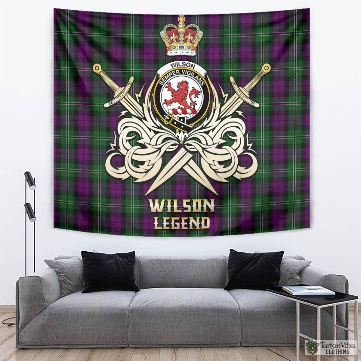 Tartan Vibes Clothing Wilson Tartan Tapestry with Clan Crest and the Golden Sword of Courageous Legacy