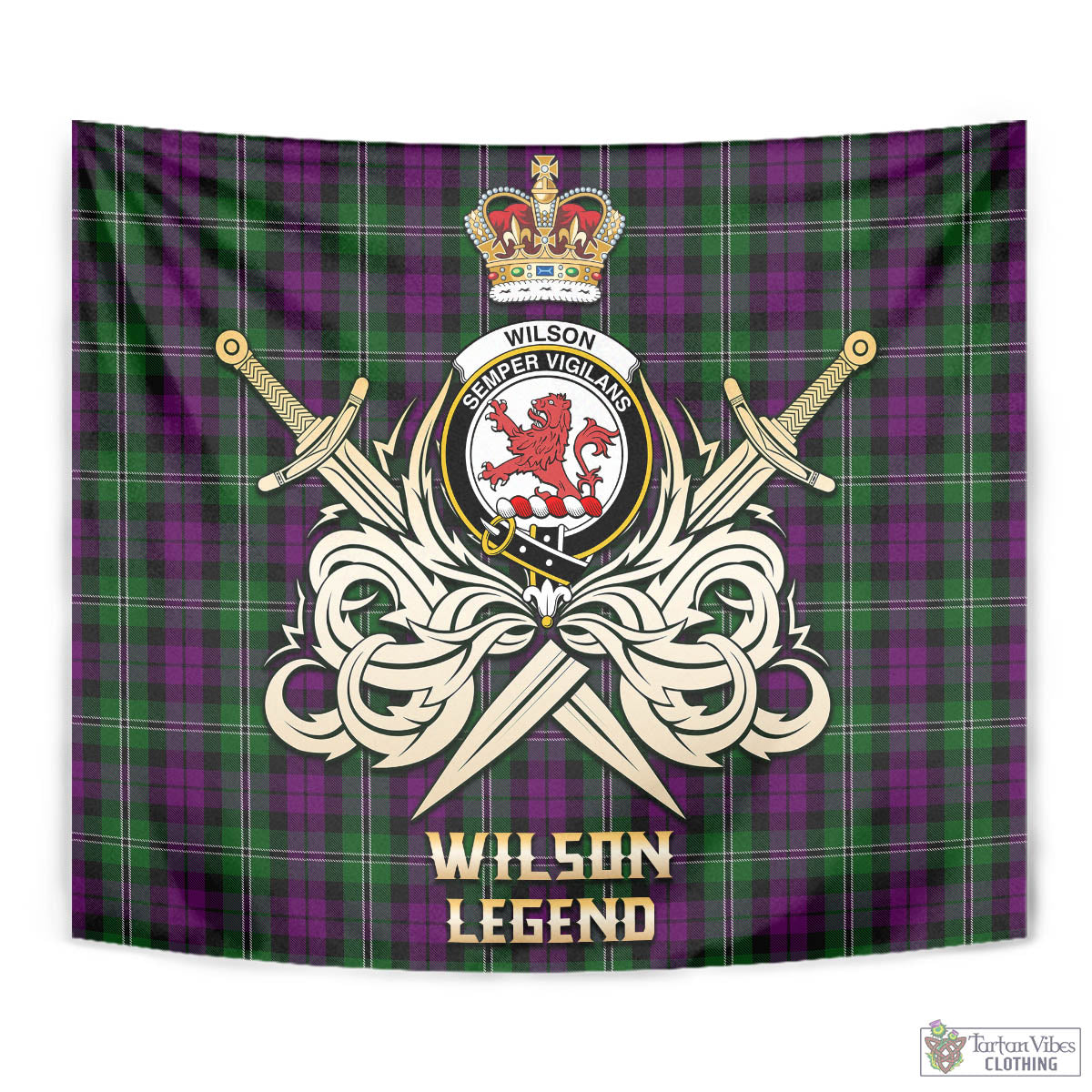 Tartan Vibes Clothing Wilson Tartan Tapestry with Clan Crest and the Golden Sword of Courageous Legacy