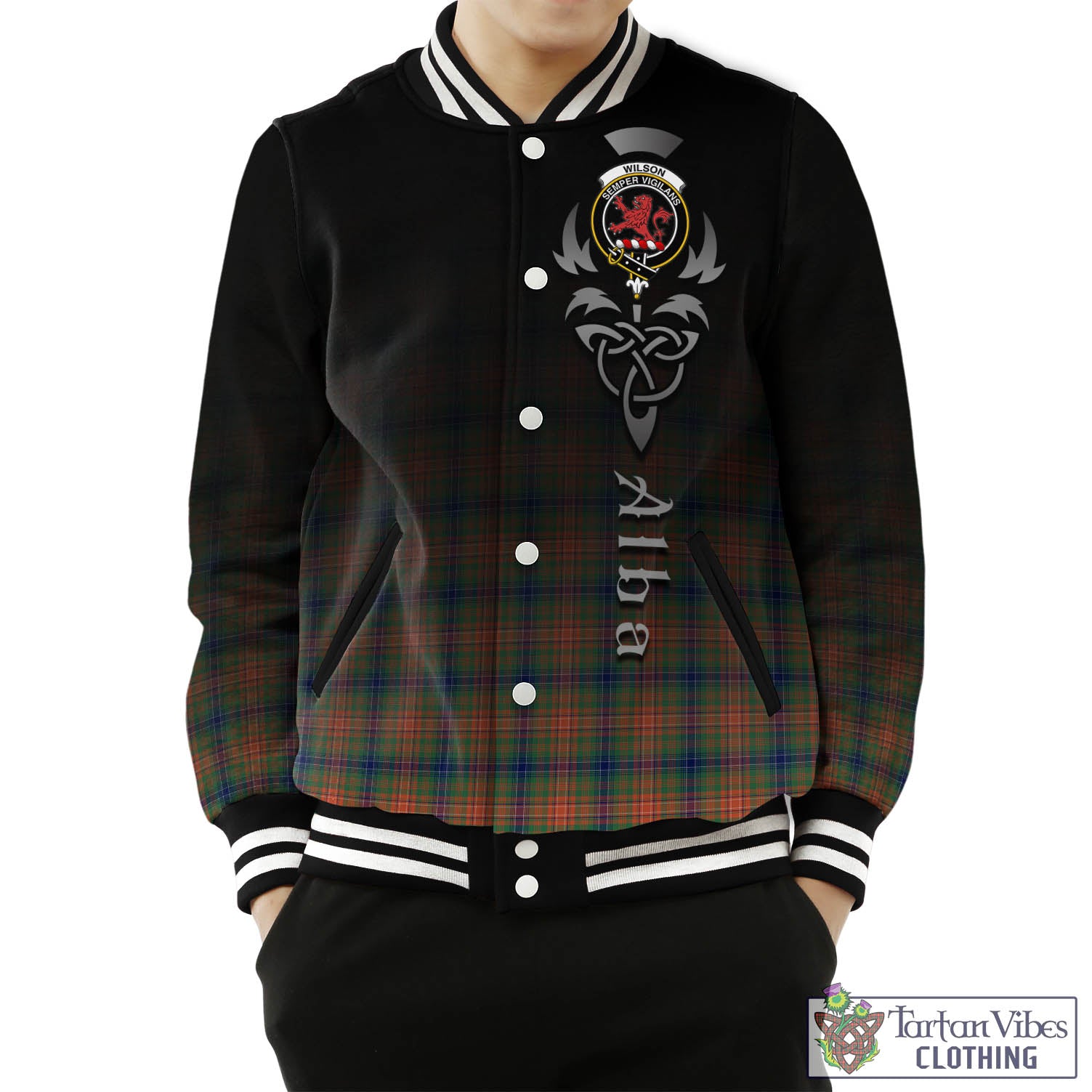 Tartan Vibes Clothing Wilson Ancient Tartan Baseball Jacket Featuring Alba Gu Brath Family Crest Celtic Inspired