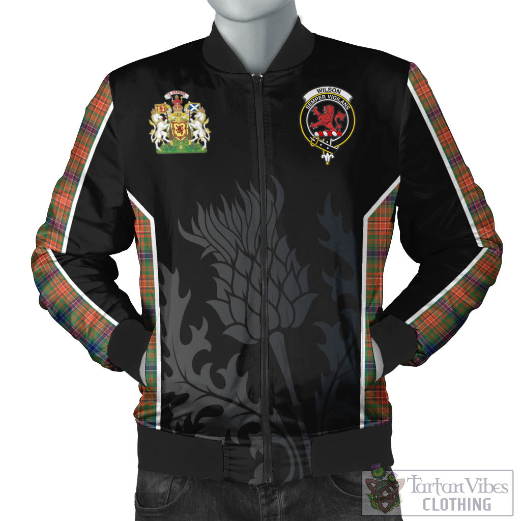 Tartan Vibes Clothing Wilson Ancient Tartan Bomber Jacket with Family Crest and Scottish Thistle Vibes Sport Style