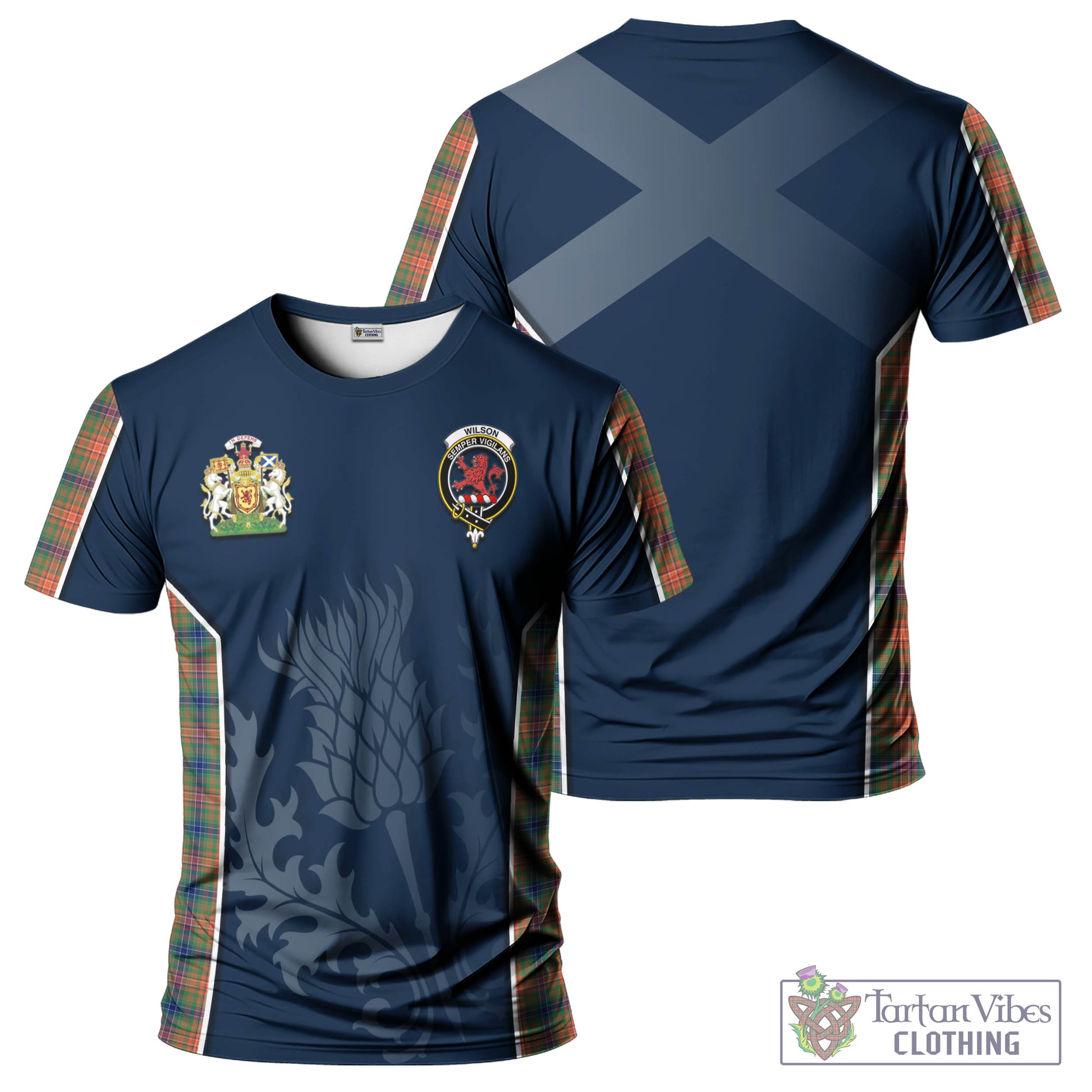 Tartan Vibes Clothing Wilson Ancient Tartan T-Shirt with Family Crest and Scottish Thistle Vibes Sport Style