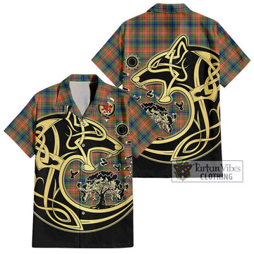 Wilson Ancient Tartan Short Sleeve Button Shirt with Family Crest Celtic Wolf Style