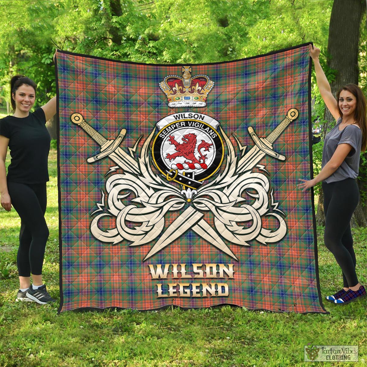 Tartan Vibes Clothing Wilson Ancient Tartan Quilt with Clan Crest and the Golden Sword of Courageous Legacy