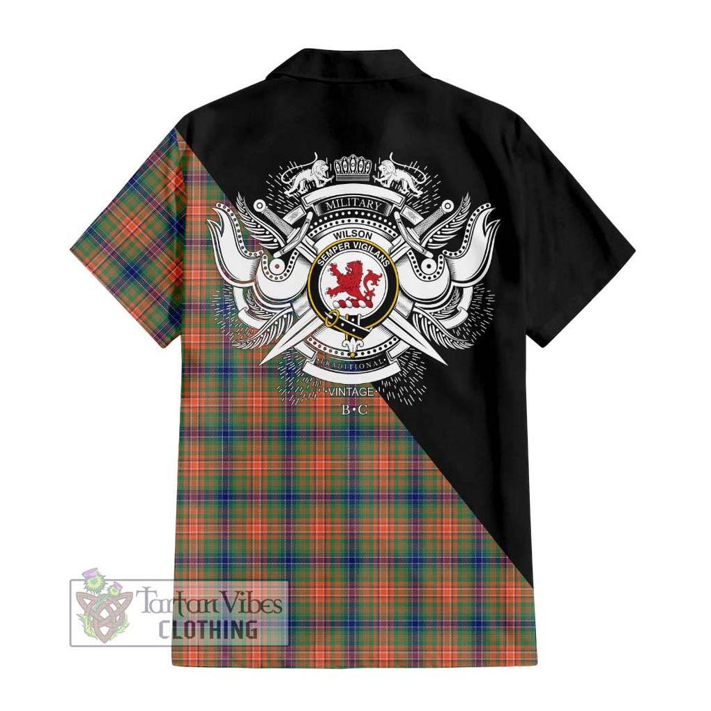 Wilson Ancient Tartan Short Sleeve Button Shirt with Family Crest and Military Logo Style - Tartanvibesclothing Shop