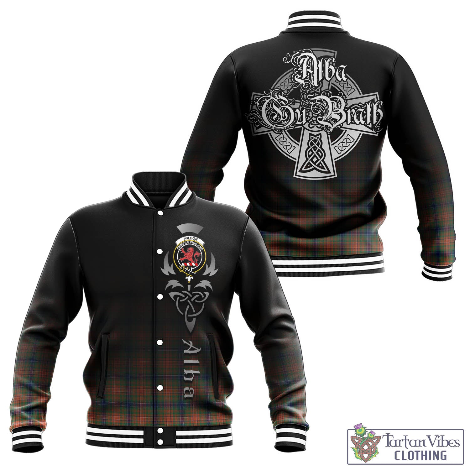 Tartan Vibes Clothing Wilson Ancient Tartan Baseball Jacket Featuring Alba Gu Brath Family Crest Celtic Inspired