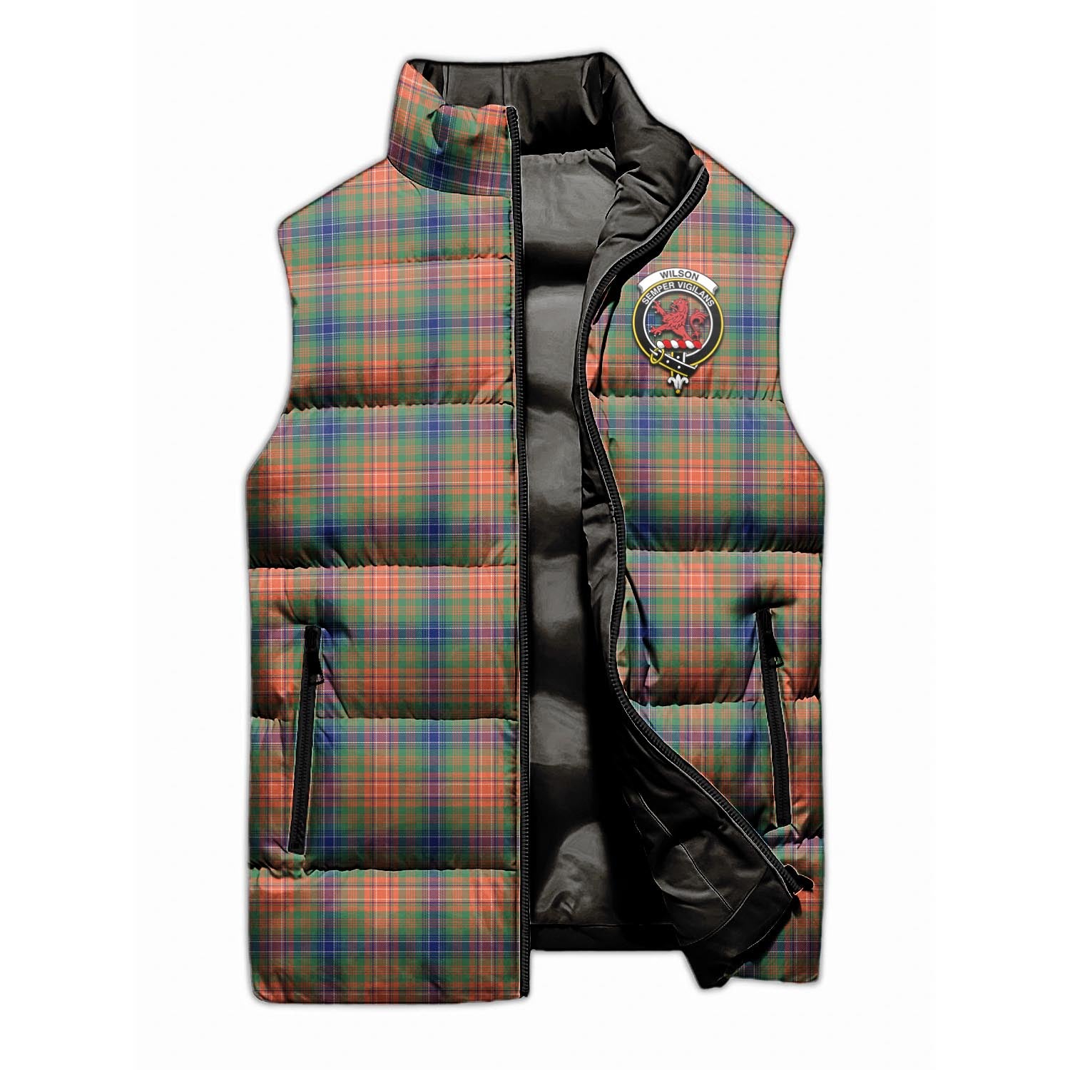 Wilson Ancient Tartan Sleeveless Puffer Jacket with Family Crest - Tartanvibesclothing