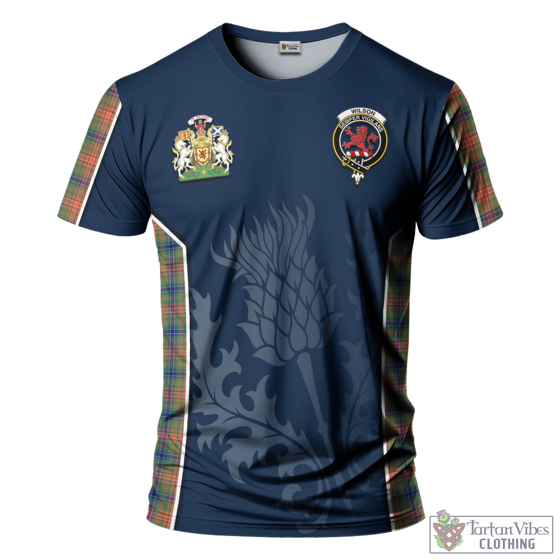 Tartan Vibes Clothing Wilson Ancient Tartan T-Shirt with Family Crest and Scottish Thistle Vibes Sport Style