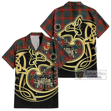 Wilson Modern Tartan Short Sleeve Button Shirt with Family Crest Celtic Wolf Style