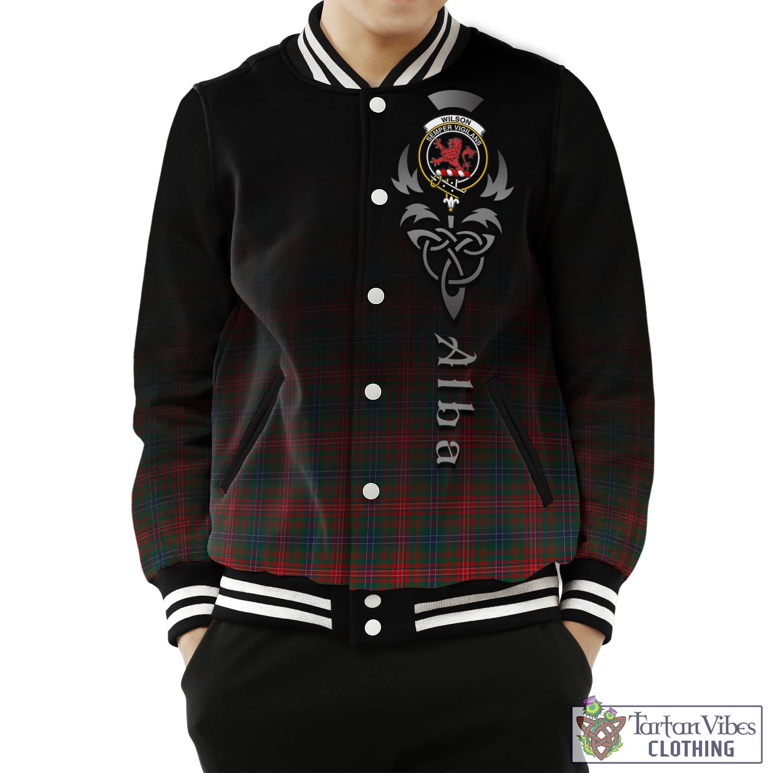 Tartan Vibes Clothing Wilson Modern Tartan Baseball Jacket Featuring Alba Gu Brath Family Crest Celtic Inspired