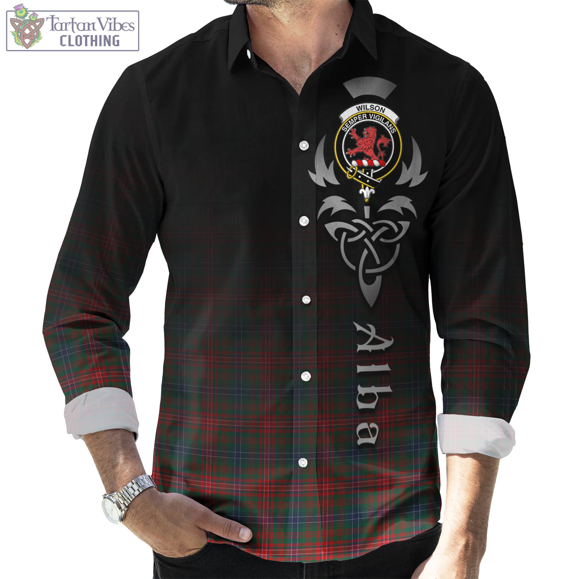 Tartan Vibes Clothing Wilson Modern Tartan Long Sleeve Button Up Featuring Alba Gu Brath Family Crest Celtic Inspired