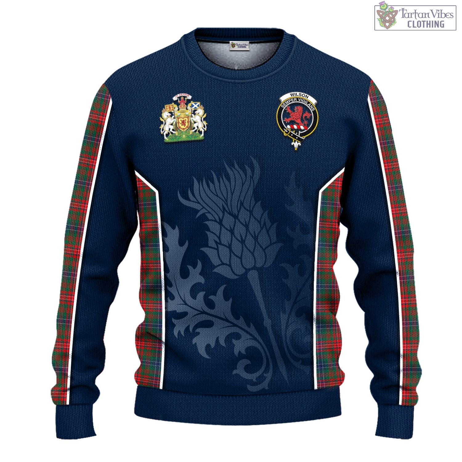 Tartan Vibes Clothing Wilson Modern Tartan Knitted Sweatshirt with Family Crest and Scottish Thistle Vibes Sport Style