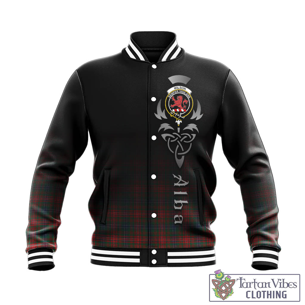 Tartan Vibes Clothing Wilson Modern Tartan Baseball Jacket Featuring Alba Gu Brath Family Crest Celtic Inspired