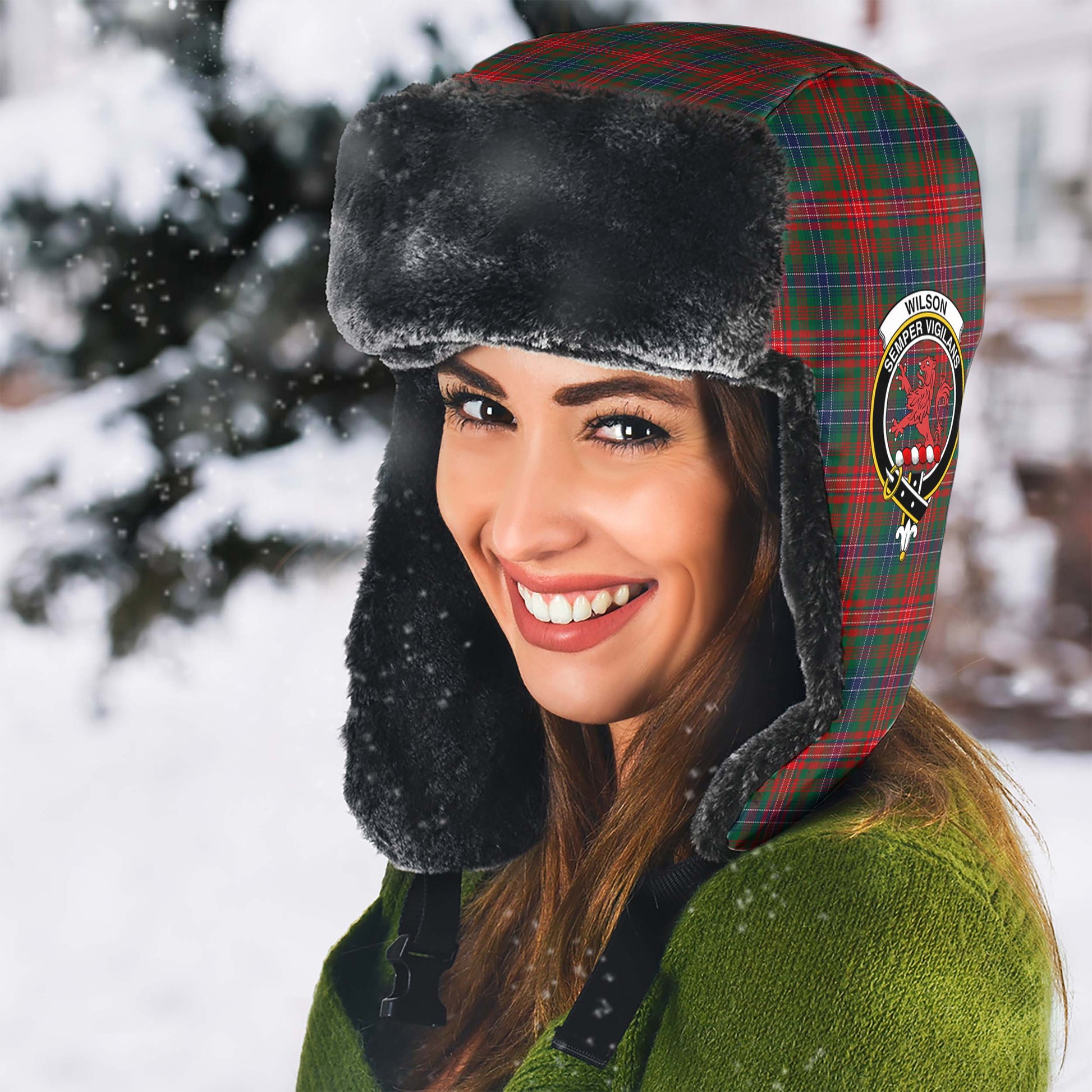 Wilson Modern Tartan Winter Trapper Hat with Family Crest - Tartanvibesclothing