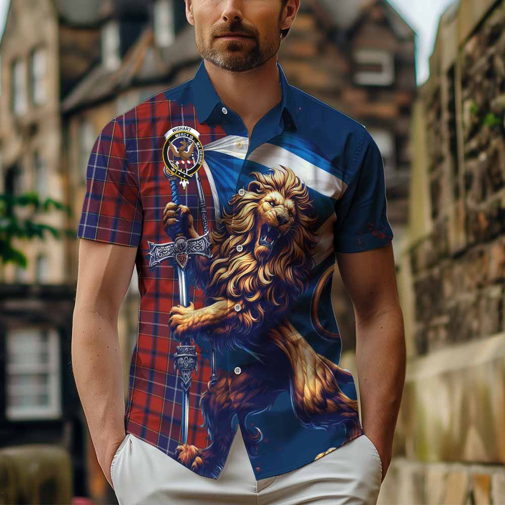 Tartan Vibes Clothing Wishart Tartan Family Crest Short Sleeve Button Shirt with Scottish Majestic Lion