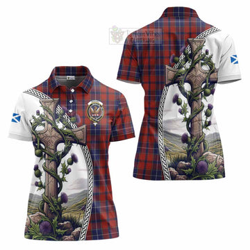 Wishart Tartan Women's Polo Shirt with Family Crest and St. Andrew's Cross Accented by Thistle Vines