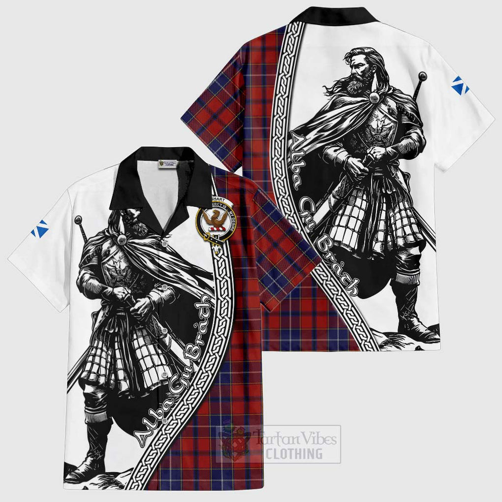 Tartan Vibes Clothing Wishart Tartan Clan Crest Short Sleeve Button Shirt with Highlander Warrior Celtic Style