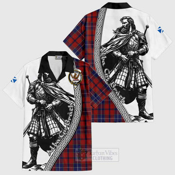 Wishart Tartan Clan Crest Short Sleeve Button Shirt with Highlander Warrior Celtic Style