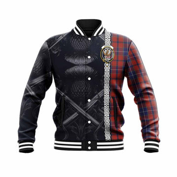 Wishart Tartan Baseball Jacket with Family Crest Cross Sword Thistle Celtic Vibes Unisex - Tartan Vibes Clothing