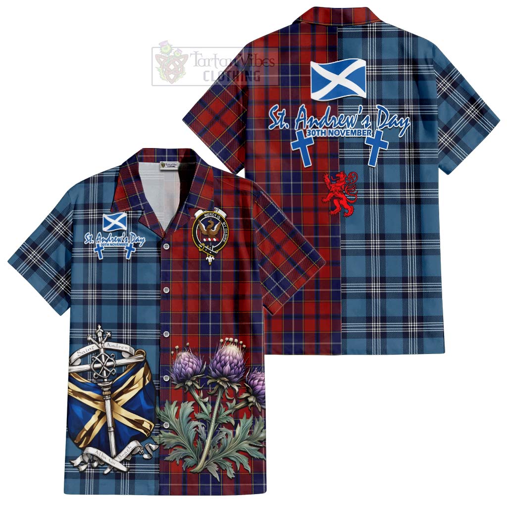 Tartan Vibes Clothing Wishart Tartan Short Sleeve Button Shirt Happy St. Andrew's Day Half Tartan Style