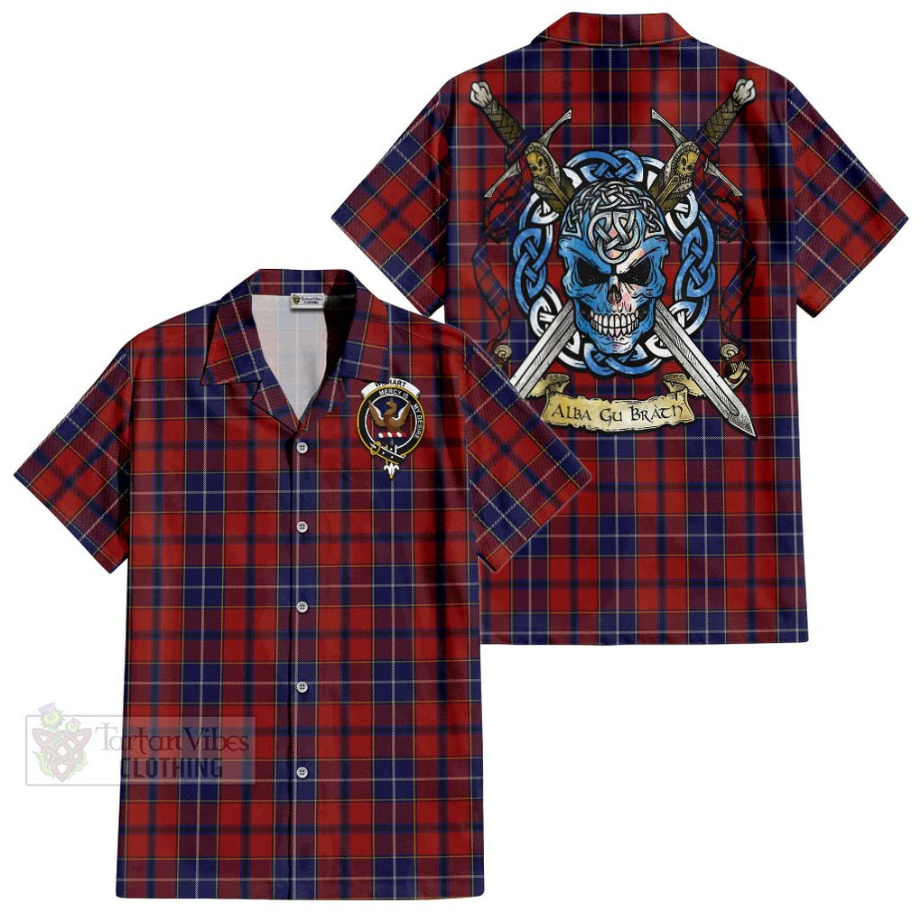 Tartan Vibes Clothing Wishart Tartan Short Sleeve Button Shirt with Family Crest Celtic Skull Style