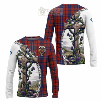 Wishart Tartan Long Sleeve T-Shirt with Family Crest and St. Andrew's Cross Accented by Thistle Vines Unisex - Tartan Vibes Clothing