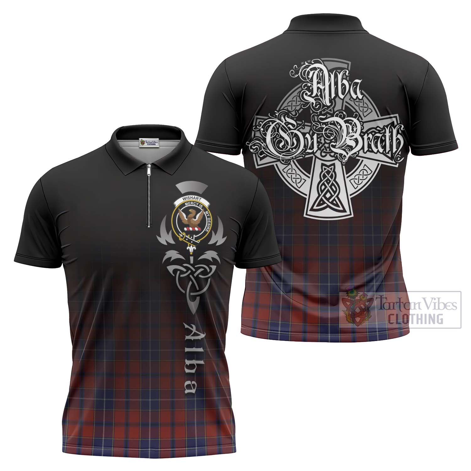 Tartan Vibes Clothing Wishart Tartan Zipper Polo Shirt Featuring Alba Gu Brath Family Crest Celtic Inspired