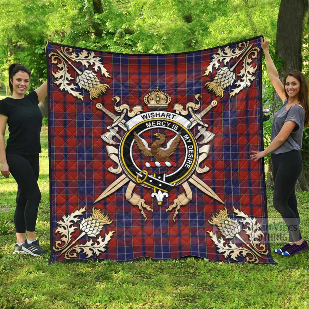 Tartan Vibes Clothing Wishart Tartan Quilt with Family Crest and Scottish Golden Courage Shield