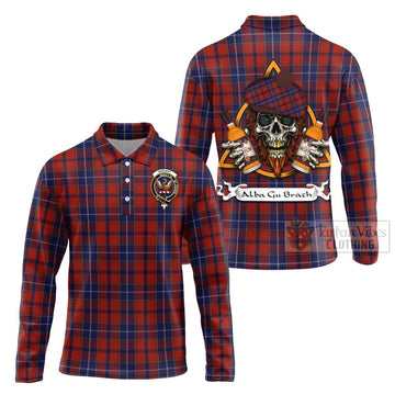 Wishart Tartan Long Sleeve Polo Shirt with Family Crest and Bearded Skull Holding Bottles of Whiskey Unisex - Tartan Vibes Clothing