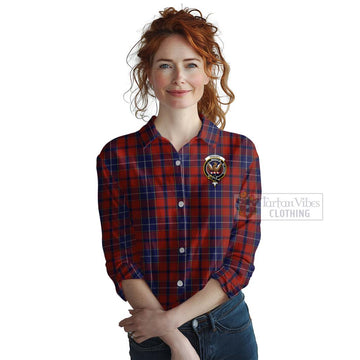 Wishart Tartan Women's Casual Shirt with Family Crest and Bearded Skull Holding Bottles of Whiskey