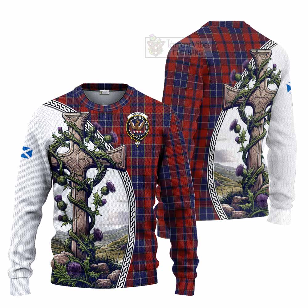 Tartan Vibes Clothing Wishart Tartan Knitted Sweater with Family Crest and St. Andrew's Cross Accented by Thistle Vines