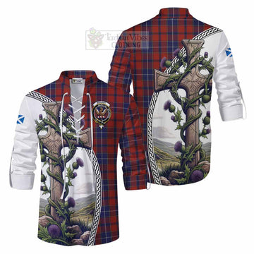 Wishart Tartan Ghillie Kilt Shirt with Family Crest and St. Andrew's Cross Accented by Thistle Vines Men - Tartan Vibes Clothing