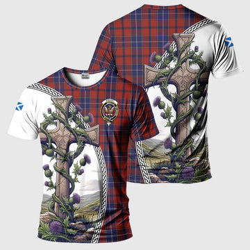 Wishart Tartan T-Shirt with Family Crest and St. Andrew's Cross Accented by Thistle Vines