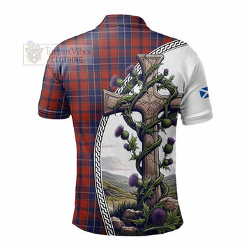 Wishart Tartan Polo Shirt with Family Crest and St. Andrew's Cross Accented by Thistle Vines