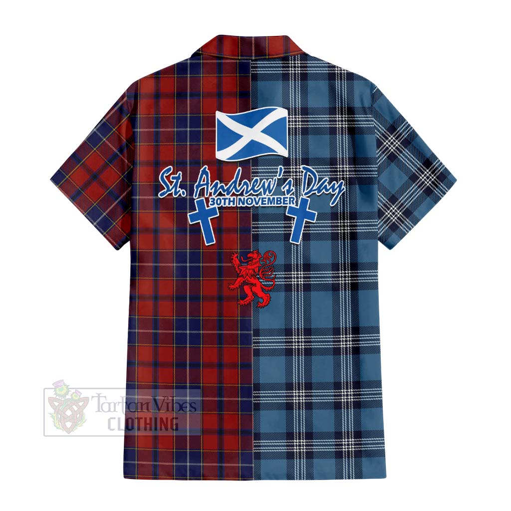 Tartan Vibes Clothing Wishart Tartan Short Sleeve Button Shirt Happy St. Andrew's Day Half Tartan Style