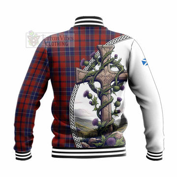 Wishart Tartan Baseball Jacket with Family Crest and St. Andrew's Cross Accented by Thistle Vines - Tartan Vibes Clothing