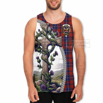 Wishart Tartan Men's Tank Top with Family Crest and St. Andrew's Cross Accented by Thistle Vines - Tartan Vibes Clothing