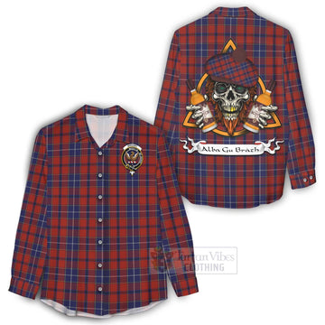 Wishart Tartan Women's Casual Shirt with Family Crest and Bearded Skull Holding Bottles of Whiskey