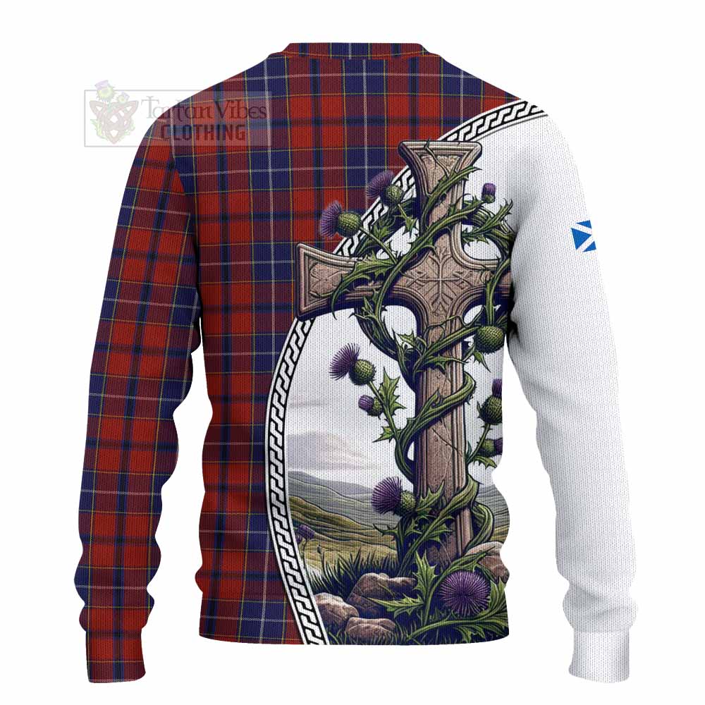 Tartan Vibes Clothing Wishart Tartan Knitted Sweater with Family Crest and St. Andrew's Cross Accented by Thistle Vines