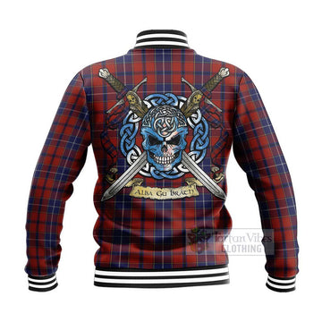Wishart Tartan Baseball Jacket with Family Crest Celtic Skull Style - Tartan Vibes Clothing