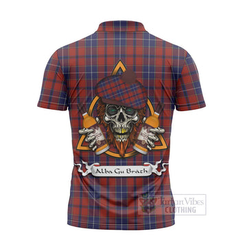 Wishart Tartan Zipper Polo Shirt with Family Crest and Bearded Skull Holding Bottles of Whiskey - Tartan Vibes Clothing