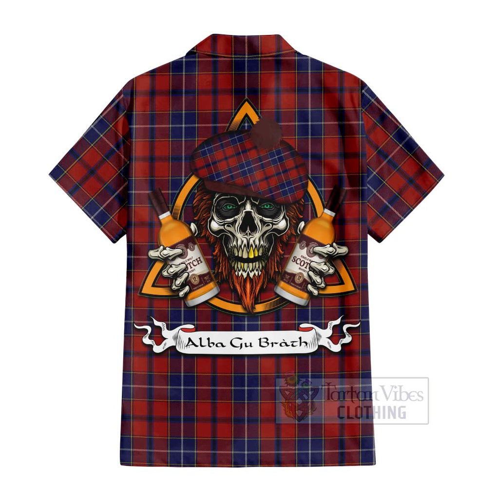 Tartan Vibes Clothing Wishart Tartan Short Sleeve Button Shirt with Family Crest and Bearded Skull Holding Bottles of Whiskey