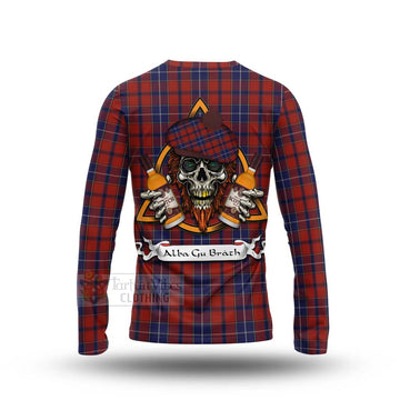 Wishart Tartan Long Sleeve T-Shirt with Family Crest and Bearded Skull Holding Bottles of Whiskey - Tartan Vibes Clothing