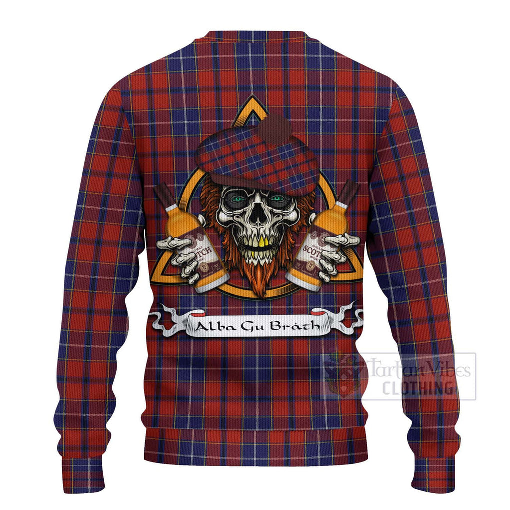 Tartan Vibes Clothing Wishart Tartan Knitted Sweater with Family Crest and Bearded Skull Holding Bottles of Whiskey